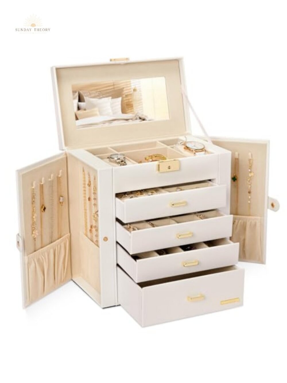 Large 5-Layer Jewelry Box Organizer with Lock Faux Leather Velvet Lined